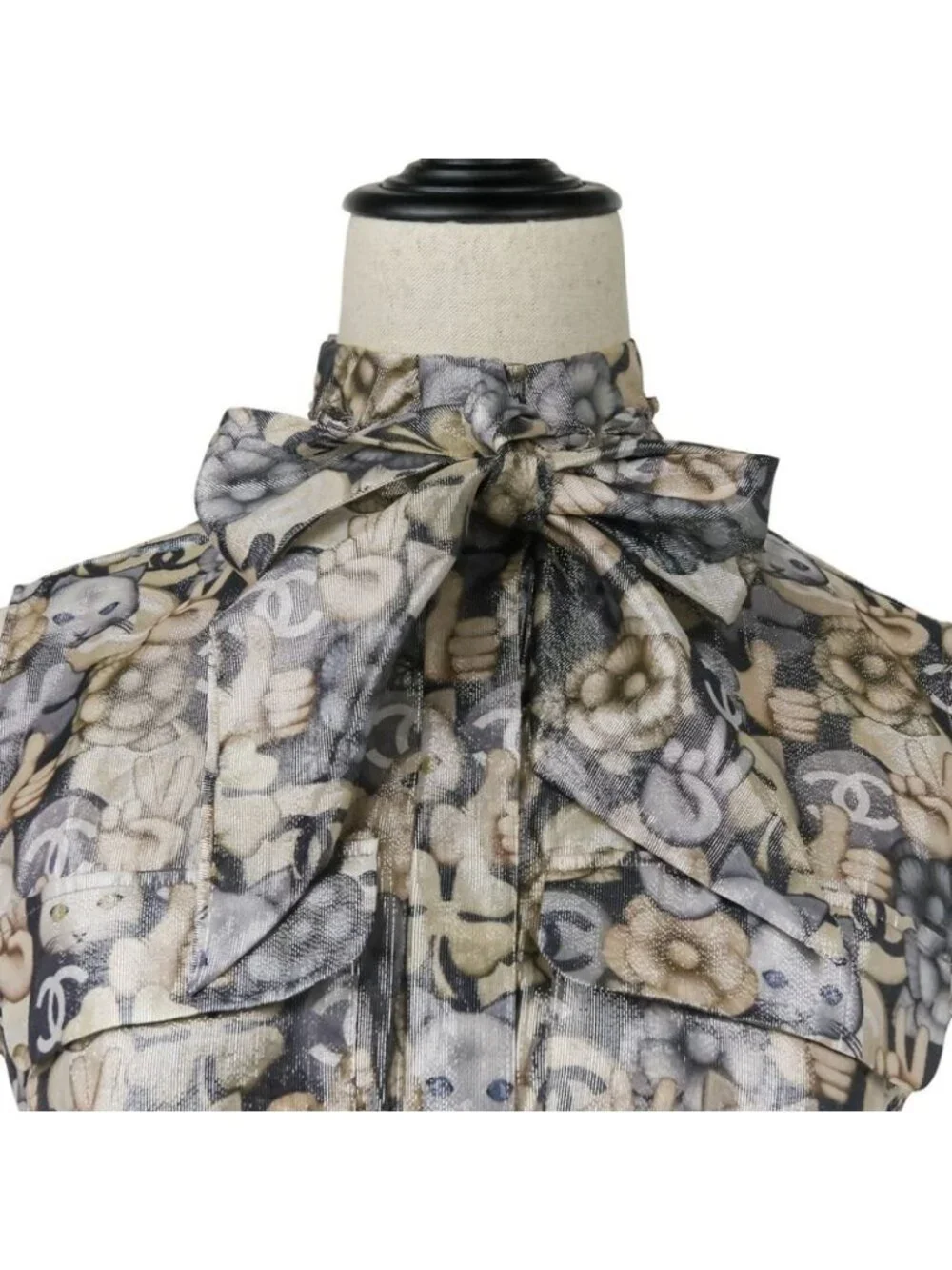 Chanel Choupette Coco Mark Print Sleeveless Silk Blouse with Ribbon Tie
